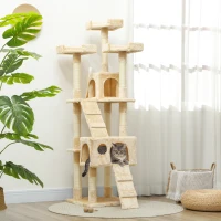 PawHut Árbol Rascador para Gatos, Árbol para Gatos 173 cm, Torre Escalador con 2 Cuevas, 3 Camas, 2 Rampas, Postes de Sisal, 2 Ratones Colgantes, Beige(m-10)