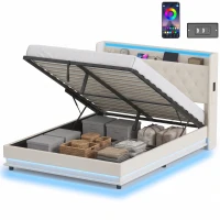 HOMCOM 5ft King Bed Frame with Headboard, Platform Bed Frame with Hydraulic Storage, LED Lights and Charging Station, White(m-15)