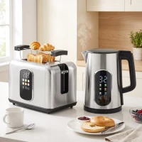 HOMCOM Kettle and Toaster Set with LED Touch Screen, Kettle with Strix Thermostat, 2 Slice Toaster w/ 6 Browning Levels, Silver(m-2)
