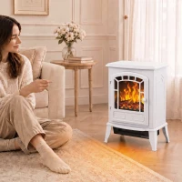 HOMCOM Electric Fireplace Stove, 1000W/2000W, Freestanding Electric Fire with LED Flame Effect, Adjustable Thermostat, White(m-14)
