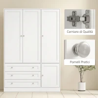 HOMCOM Armadio Moderno Con Barra Appendiabiti, 3 Cassetti, Ripiano Regolabile, Bianco(m-7)