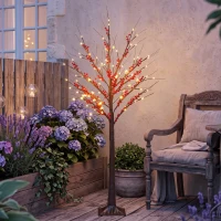 HOMCOM Árbol de Abedul Artificial 150 cm con 96 Luces LED Blanco Cálido Bayas Rojas Temporizador y 12 Ramas Flexibles Marrón(m-8)