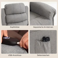 HOMCOM Power-lift relaxfauteuil met vibratiemassage en warmte, USB-aansluiting, zijvakken en afstandsbedieningen, lichtgrijs(m-7)