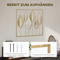 HOMCOM Metallrahmen mit Blattdesign, Wandschmuck, moderner Stil, Goldfarben(m-5)