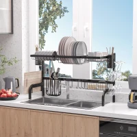 HOMCOM Abtropfgestell Geschirr, 2-stufiges Abtropfständer mit Haken, Tellerregal, Zubehör, 100 cm Stahl, Schwarz(m-2)