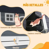 PawHut Casa para Gatos de Madera con Techo Asfáltico Abatible 3 Puertas Ventana para Exterior 77x57,5x68 cm Gris y Negro(m-7)