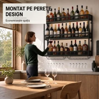 HOMCOM Suport de perete pentru vin cu LED, stil industrial, metal negru(m-6)