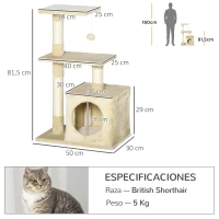 PawHut Árbol Rascador para Gatos 81,5 cm Torre para Gatos con Postes de Sisal 2 Plataformas Cueva y Bola Colgante Estilo Elegante 50x30x81,5 cm Beige(m-3)