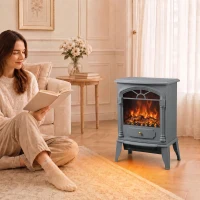 HOMCOM Freestanding Portable Fireplace, Electric Fireplace Stove Heater with 3D Flame Effect and Adjustable Thermostat, Grey(m-14)