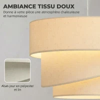 HOMCOM Suspension Luminaire à 3 Abat-Jour Effet Lin, Ampoule Non Incluse E14 40 W, Câble Réglable, Rosace Dorée, Beige(m-7)
