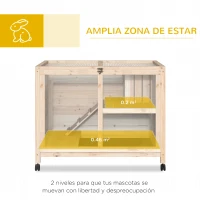 PawHut Conejera de Madera con Ruedas 91,5x53,3x73 cm Jaula para Conejos de 2 Niveles con Techo Abatible Natural(m-4)