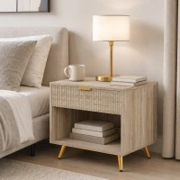 HOMCOM Bedside Table with Drawer and Open Compartment, Nightstand with Handle for Bedroom, Living Room, Natural Wood Finish(m-2)