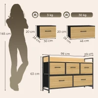 HOMCOM Commode, meuble de rangement avec 5 tiroirs en tissu pliables, plateau et cadre en acier, 98 x 29 x 63 cm, chêne(m-3)