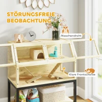 PawHut Zwerghamsterkäfig aus Holz mit Ablagefach, Rädern, Rampen, Wasserflasche, Hütte, Wippen, 87 x 43 x 101cm(m-6)