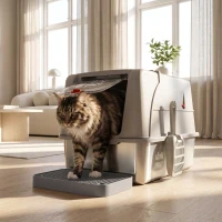 PawHut Lettiera Gatto Chiusa XL in Acciaio Inox con Coperchio, Gradino Raccogli-lettiera, Paletta, Grigio Chiaro(m-8)
