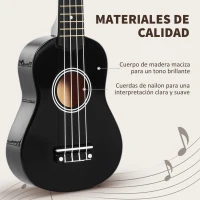 HOMCOM Ukelele Soprano para Principiantes con 4 Cuerdas de Nylon Ajustables Juguete educativo 53x17,5x6,2cm Negro(m-4)