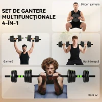 SPORTNOW Set Bară cu Greutăți 3 în 1 cu 16 Discuri și Prindere Antiderapantă, 140x20x20 cm, Verde(m-4)