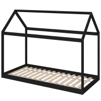 HOMCOM Single Bed Frame, House-Scandinavian-Style Wooden Bed Frame for 90W x 190D cm Mattress, Black