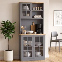 HOMCOM Kitchen Pantry, Buffet Hutch with 3 Storage Cabinets, 2 Open Shelves and Large Countertop for Kitchen, Grey(m-2)