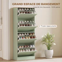 HOMCOM Meuble à chaussures 24 paires, armoire à chaussures avec 4 tiroirs rabattables, étagères réglables, 60x23,5x153cm, vert(m-4)