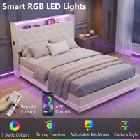 HOMCOM 4ft6 Double Bed Frame with Headboard, Platform Bed Frame with Hydraulic Storage, LED Lights and Charging Station, Cream(m-5)