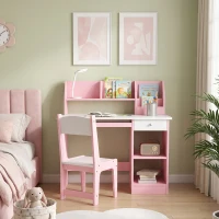 ZONEKIZ Tavolo Scrivania per Bambini 5-8 Anni con Sedia, Scaffale, Mensola Estraibile e Cassetto, Rosa(m-10)