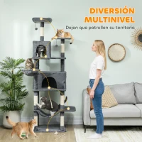 PawHut Árbol Rascador para Gatos con Plataforma Torre Escalador para Gatos con Cama Cuevas Postes de Sisal 60x48x202 cm Gris(m-4)