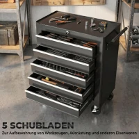 HOMCOM gereedschapskist, gereedschapskast, op wieltjes, 5 laden, staal, zwart(m-4)