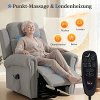 HOMCOM Power-lift relaxfauteuil met vibratiemassage en warmte, USB-aansluiting, zijvakken en afstandsbedieningen, lichtgrijs(m-5)