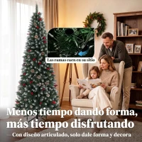 HOMCOM Árbol de Navidad Lápiz Nevado 210 cm con 818 Ramas Bayas Rojas Piñas Base Metálica Plegable Apertura Automática Verde(m-6)