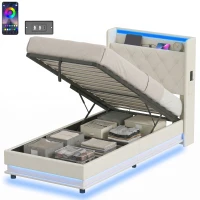 HOMCOM 3ft Single Bed Frame with Headboard, Platform Bed Frame with Hydraulic Storage, LED Lights and Charging Station, White(m-15)
