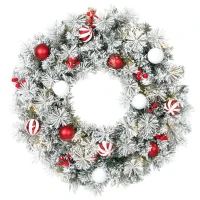 HOMCOM Ghirlandă de Crăciun înzăpezită de 60 cm cu LED-uri, 8 moduri, 140 ramuri, 8 boabe și 15 globulețe decorative, Verde(m-7)