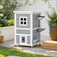 PawHut Maisonnette pour chats sur 2 étages en bois intérieur et extérieur toit rabattable 51 x 51 x 81,3 cm blanc et gris(m-2)