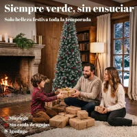 HOMCOM Árbol de Navidad Lápiz Nevado 210 cm con 818 Ramas Bayas Rojas Piñas Base Metálica Plegable Apertura Automática Verde(m-4)