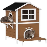 PawHut Buitenkattenhuis met Weerbestendig Dak, Venster, Balkon, 2 Niveaus, Verwijderbare Bodem, voor 1-2 Katten, Bruin(m-11)