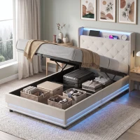 HOMCOM 3ft Single Bed Frame with Headboard, Platform Bed Frame with Hydraulic Storage, LED Lights and Charging Station, White(m-9)