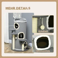 PawHut Kattenkrabpaal Krabton, 2 Kattenholen, 4 Ligplekken, 4 Krabpalen, 57 x 57 x 99 cm, Grijs + Wit(m-6)