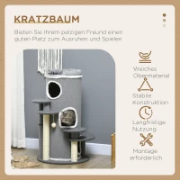 PawHut Kattenkrabpaal Krabton, 2 Kattenholen, 4 Ligplekken, 4 Krabpalen, 57 x 57 x 99 cm, Grijs + Wit(m-4)