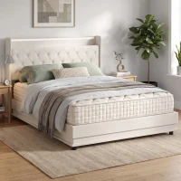 HOMCOM 5ft King Bed Frame with Headboard, Platform Bed Frame with Hydraulic Storage, LED Lights and Charging Station, White(m-8)