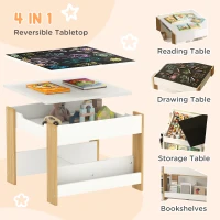 HOMCOM Three-Piece Kids Table and Chair Set with Blackboard, Storage, Bookshelves - Natural Wood(m-4)