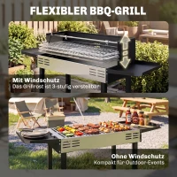 Outsunny Holzkohlegrill Grill BBQ-Grill, verstellbares Rost, 1 Drehspieß, 118 x 32 x 90 cm, Schwarz + Silber(m-5)