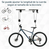 HOMCOM 2 Pares de Elevador para Bicicletas en el Techo Mediante Poleas Cuerdas Ganchos con Altura Ajustable Soporte para Bici al Techo Carga 20 kg Acero Negro(m-4)