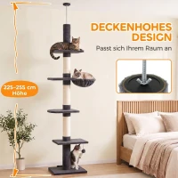 PawHut Plafondhoge krabpaal 225-255 cm, verstelbare kattenboom met 5 niveaus, 3 sisal krabpalen, hangmat en platformen(m-4)
