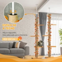 PawHut Árbol para Gatos de Suelo a Techo de 202-242 cm con 3 Plataformas Altura Ajustable y Decoración de Hoja de Arce Naranja(m-5)
