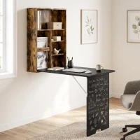 HOMCOM Folding Wall-Mounted Drop-Leaf Table, Convertible Wall Table With Chalkboard and Storage Shelf, Rustic Brown(m-14)