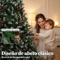 HOMCOM Árbol de Navidad Artificial Nevado 240 cm con 1773 Ramas Bayas Rojas Piñas Base de Acero Plegable Montaje Rápido Verde(m-5)