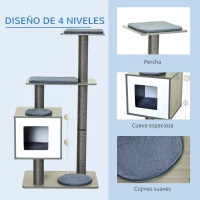 PawHut Árbol Rascador para Gatos de Madera 71,5x49,5x120 cm Torre de Gato con Cueva Plataformas Postes Rascadores Cojines Gris(m-6)