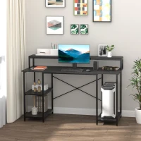 HOMCOM Mesa para Computadora Escritorio de Oficina Estudio con 3 Estantes Tabla Superior Patas con Almohadillas Ajustables Antideslizantes Marco Metálico 140x60x93 cm Negro(m-10)