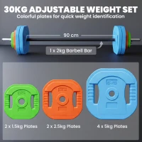 SPORTNOW 30 kg Adjustable Barbell Weights Set, Barbell Bar with Weight Plates, Non-slip Handle, Multicolour(m-4)