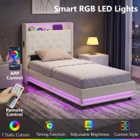 HOMCOM 3ft Single Bed Frame with Headboard, Platform Bed Frame with Hydraulic Storage, LED Lights and Charging Station, White(m-5)